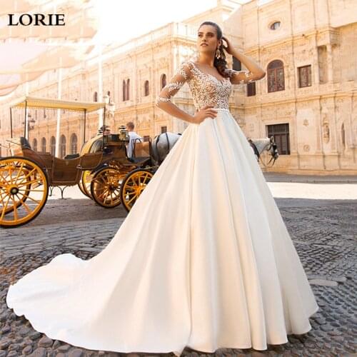 LORIE A Line Princess wedding dresses Satin Boho Lace Bride Gows Appliqued Half Sleeve Vestido de Voiva Boho Wedding Gowns