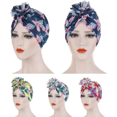 Ethnic Boho Lady Hat Flower Jersey Headwear Muslim Cap Bonnet Turban Print Islamic Arab Indian Hat Skullies Chemo Cancer Hat New