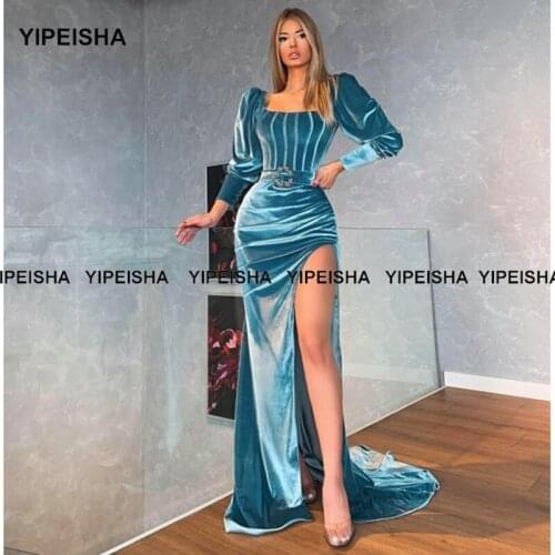 Yipeisha Velvet Evening Dress Long Elegant Square Neckline Mermaid Party Gown with Long Sleeves Side Slit Party Dresses 2021