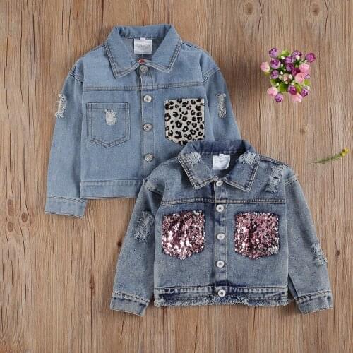 1-6Y Infant Kids Baby Girls Jeans Coat Sequin Leopard Ripped Hole Patchwork Fashion Denim Jackets Tops Spring Autumn Clothes