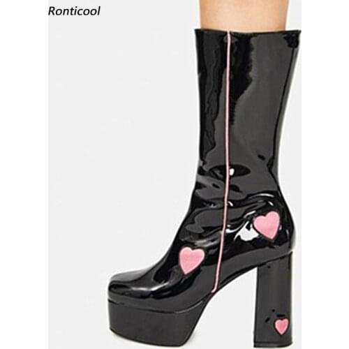 Ronticool New Women Winter Platform Ankle Boots Patent Leather Block Heels Round Toe Black Dress Shoes Women Plus US Size 35-41