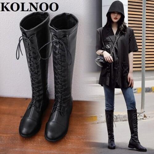 KOLNOO New Womens Handmade Block Heel Boots Crisscross Lace-Up Ridding Knight Half Boots All-Matches Party Fashion Winter Shoes
