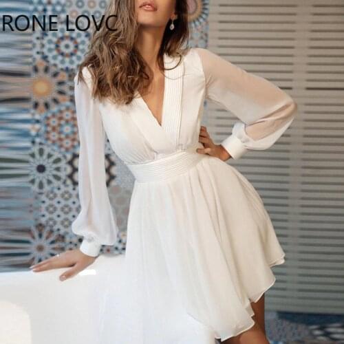 Women Solid Deep V neck Lantern Sleeve Mini Sexy Dresses