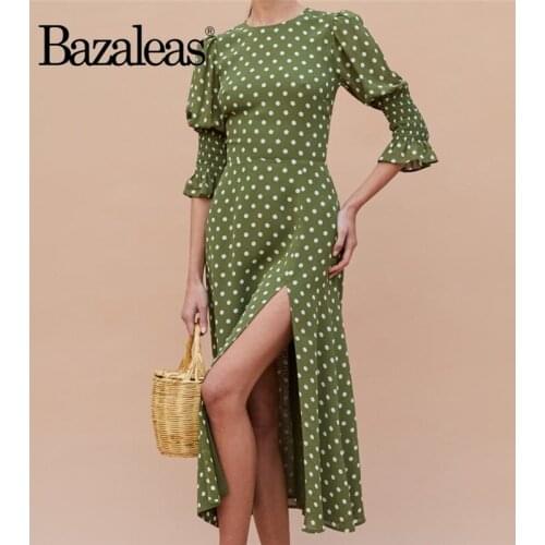 Bazaleas Retro O Neck Half Flare Sleeve Vestidos Chic dot Print Green Split Girl Dress Vintage Midi Dresses