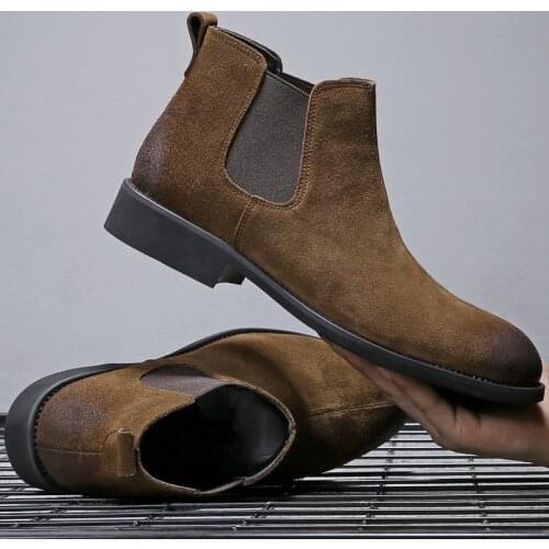 Fashion Winter Men Chelsea Boots Brown Slip-On Cow Leather Trend Man Leisure Ankle Boots Black High Top Casual Shoes896