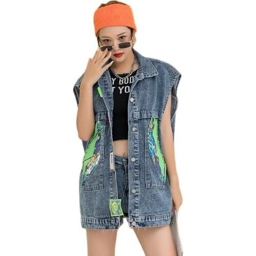 Demin Vest 2021 Summer Fashion Colorful Diamonds Cartoon Patch Waistcoat Single Breasted Streetwear Casual Hiphop Jean Coats