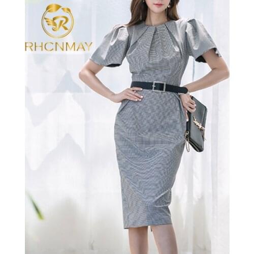 2020 Spring Women Puff Sleeve Pencil Dress Fashion Plaid Gray Bodycon Sheath Office OL Dress Elegant Split Belt Dress