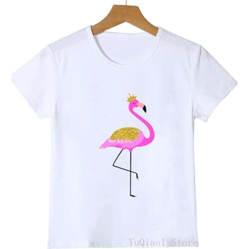 Cute Cartoon Animal Flamingo Princess Print Girl T-Shirt Summer Childrens Clothes White Casual Tshirt Lovely Kids Top Clothing