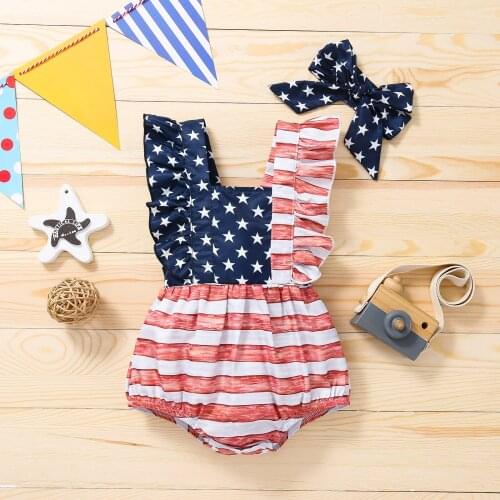 Infant Baby Girls Summer Toddler Clothes Stripe Splicing Print Ruffles Jumpsuits Cotton Romper