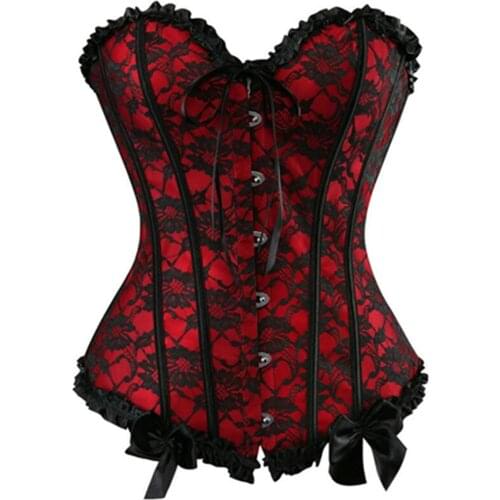 4 Color Sexy Satin Floral Lace Overlay Polka Dot Corsets And Bustier Plus Size S-XXL Gothic Lace up Boned Overbust Corset