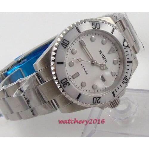 Top brand Fashion Luxury Casual 43mm BLIGER white dial date window Steel Sapphire glass Automatic movement mens Mechanical Watch