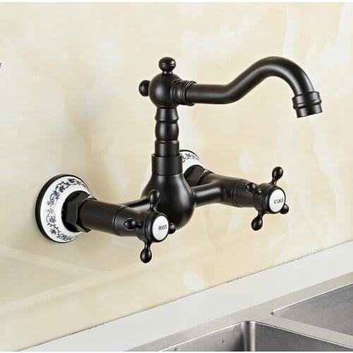 Wall Mounted Black Kitchen Faucet Antique Mixer Tap Dual Handle Faucets Hot and Cold Water Tap Rotatable Home Kitchen Fixture