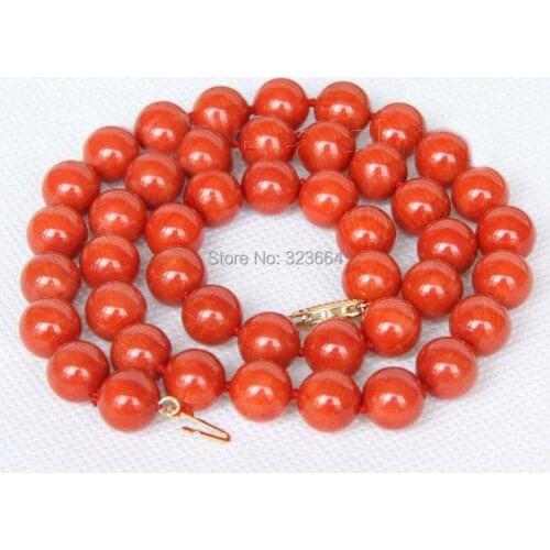 Natural 18" 10mm round dark red coral necklace plated clasp