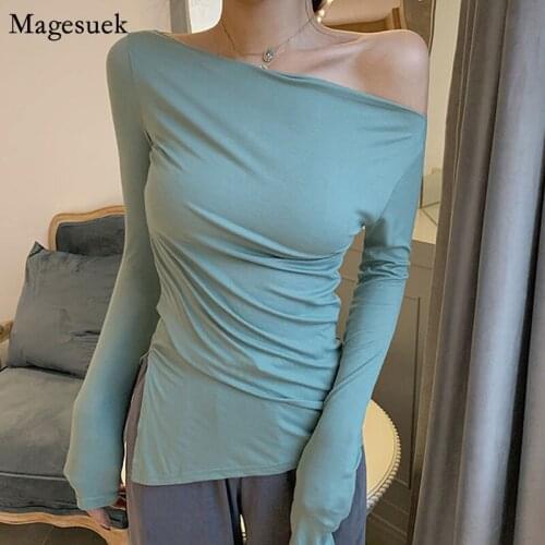 New Long Sleeve Solid Female Tshirt Casual Sexy T Shirt Women Korean Style Off Shoulder Office Lady White Tee Shirt Femme 12987
