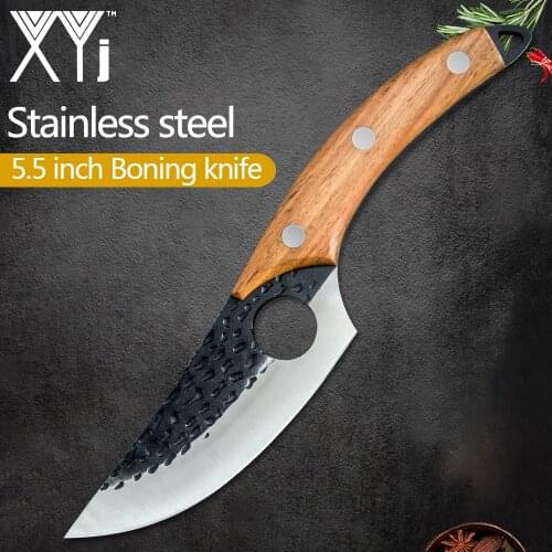XYj 5.5'' Handmade Forged Chef Knife Small Cleaver Wood Handle Kitchen Knife Hold Hollow Blade Special New Style Chinese Knife