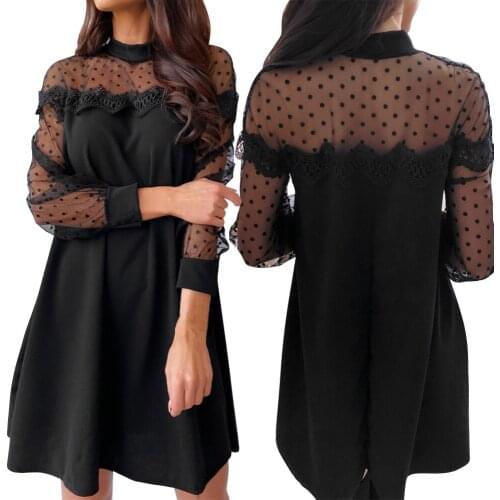 Women A-Line Dress Mesh Patchwork Design Lace Decor See Through Long Sleeve Spring Autumn Solid Color Slim Mini Dresses
