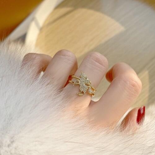 New Design 14k Real Gold Micro Inlaid Zircon Super Flash Temperament Unicorn Pegasus Opening Ring Birthday Gift