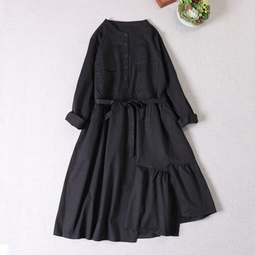 Dark Irregular Dress Spring Autumn New Style Cotton Workwear Temperament Lace-Up Dress Women