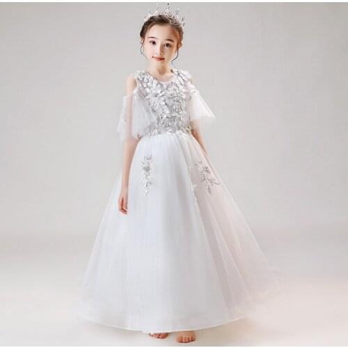 Flower Girls Dresses Beading Embroidery Princess Ball Gown O-Neck Floor-Length Tulle Lace Pearls Crystal Kids Party Dress D171