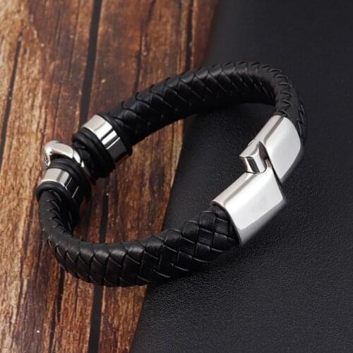 Religious Style High Quality Metal Shakyamuni Buddha Black Leather Bracelets Bangle for Men Jewelry