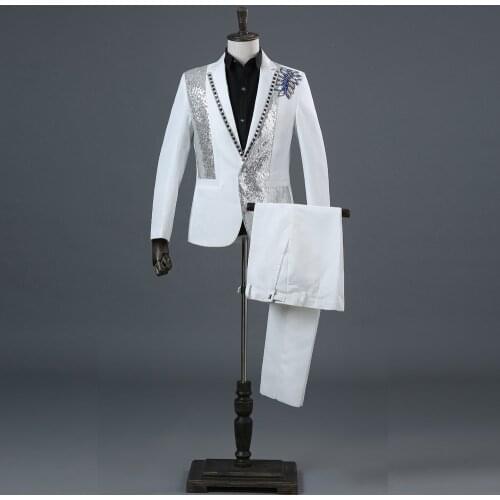 White Diamond Embroidery Sequin Suit Men Party Wedding Groom Tuxedos Groomsmen 2 Piece Suit (Jacket+Pants) Costume Mariage Homme