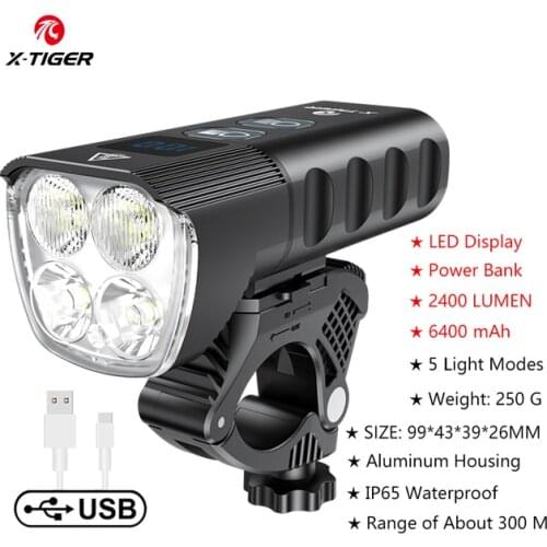 X-TIGER Waterproof MTB Bike Light Aluminum Alloy Road Cycling USB Rechargeable Headlight 1600 Lumens Bicycle Light Accessories