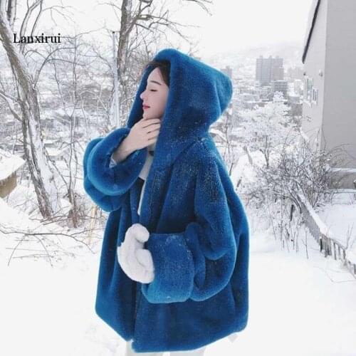 Women Winter Casual Faux Rabbit Fur Coats Lady Solid Warm Thick Hooded Short Outerwear Female Loose Teddy Plush Jacket