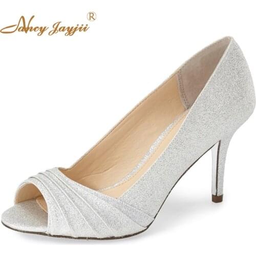 Summer Silver Glitter Satin Pumps Pleated Woman Sexy High Heel Peep Toe Antiskid Wedding Shoes Woman Sapatos Mulher NancyJayjii