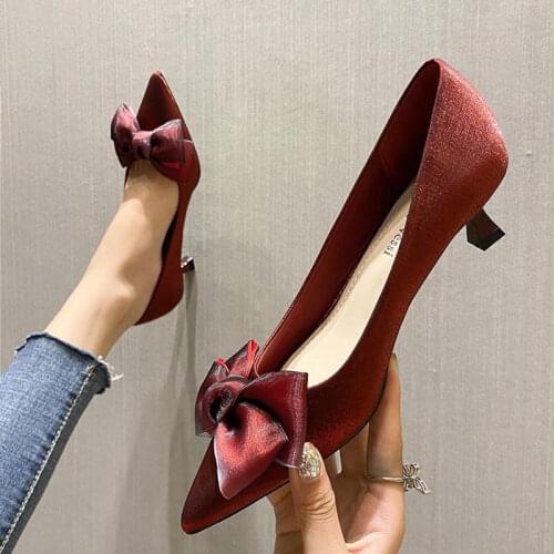 2021 New Lace Bridesmaid Med Heels Female Pointed Toe Satin Plus Size Bridal Shoes 41 42 43