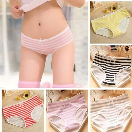New Fashion WomenS Cotton Panties Girl Striped Bow Briefs Cute Sexy Bikini Underwear Ladies Female Lingerie Breathable Panty