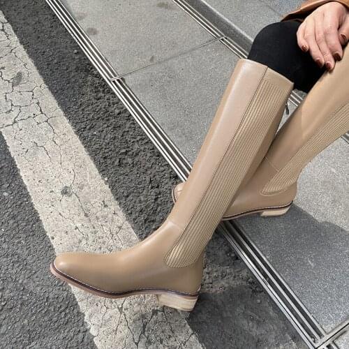 MEZEREON Square Toe Concise Riding Equestrian Boots Cow Leather Thigh High Boots Med Heel 3 CM Classic Style Womens Shoes