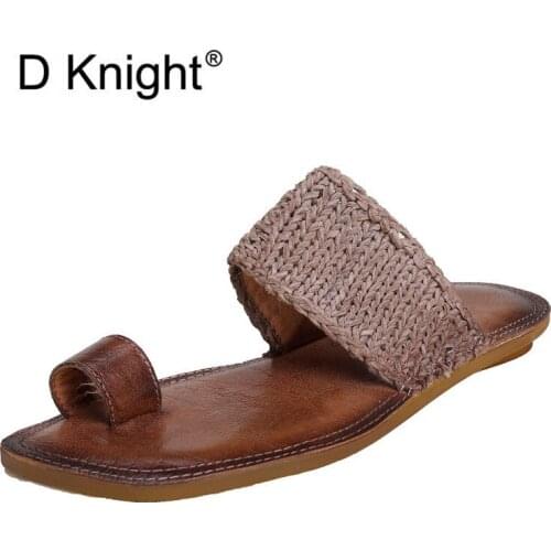 Original Summer 2020 New Clip Toe Flat Slippers Shoes Woman Vintage Genuine Leather Slides Hand-Woven Ladies Flip Flops Sandals