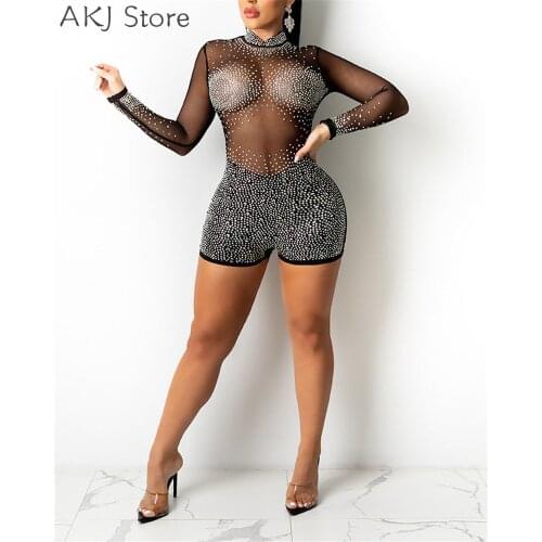 Women Sexy Skinny Playsuit Mesh Sheer Studded Long Sleeve Romper