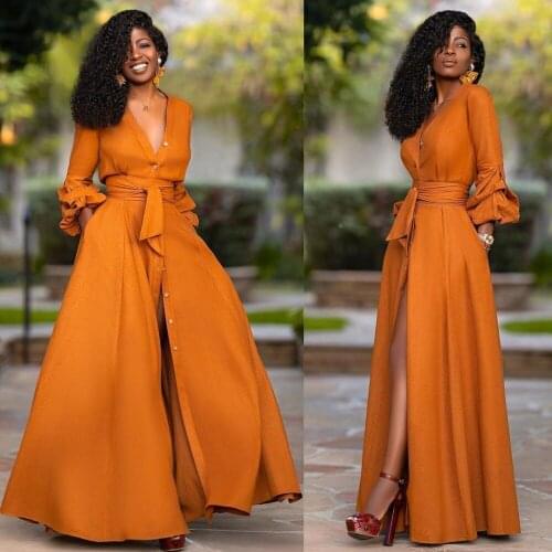 Retro Dress Women Deep V Waist Single Breasted Cardigan Solid Color Long Sleeve Gown Spring And Fall New Style Party Vestidos