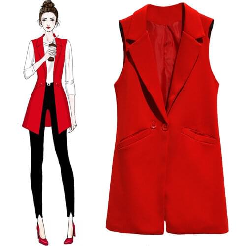 New Blazer Casual Solid Vest Waistcoat Women Temperament Lapel Long Suit Vest Female Jacket Coat Pockets Office Lady Work