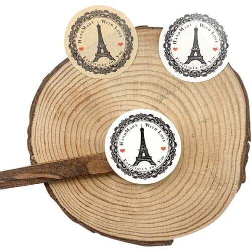 100pcs Vintage Round handmade with love tower Sticker Kraft sealing sticker Self-adhesive Packaging Lable