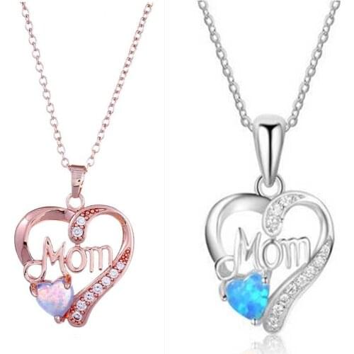 2020 Fashion Jewelry Rose Gold Chain Crystal Opal Heart Mom Necklace Collier Femme Long Choker Letter Necklaces For Women