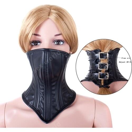 BDSM Restraint Slave Fetish Erotic Posture Collar Cartilage Support Unisex Collar Lockable Leather Half Face Mask Sextoys Shop