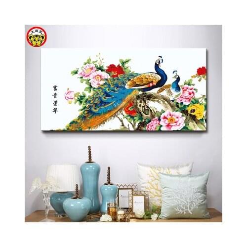 DIY home decor oil painting gallery, large living room decorative pendant, large size, color, peacock, Chinese style design