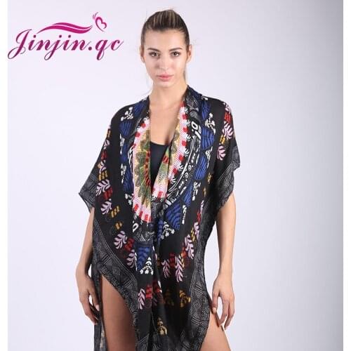 Jinjin.QC Womens Tops For Summer Ladies Sleeve scarf Floral Print Open-Front Boho Tassel Casual Kimono Scarves and Pashminas