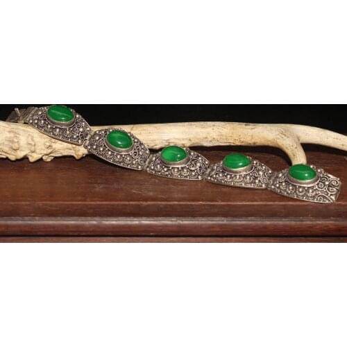 Collection Chinese old Tibetan silver and green stone jade bracelet