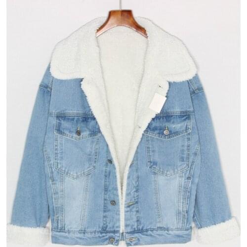 Korean Fashion Winter New Thick Warm Lamb Fur Lining Denim Jacket Women Outerwear Mid Long Loose Blue Jeans Jacket Coat Female