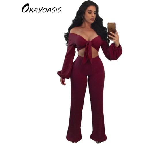 OKAYOASIS Free Shipping Two Piece Set Tracksuit For Women Elegant Top And Pants Set Womens Casual Fitness Party Suit