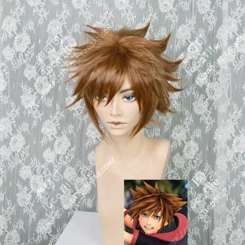 Anime Kingdom Hearts III 3 Sora Brown Short Heat Resistant Synthetic Hair Perucas Cosplay Wigs + Wig Cap