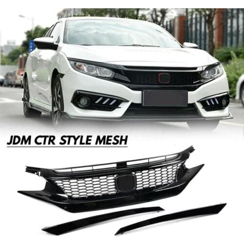 Front Hood Grille For Honda For Civic 2016 2017 2018 2019 10th Gen JDM-CTR Style Glossy Black Replacement Mesh Front Hood Grille