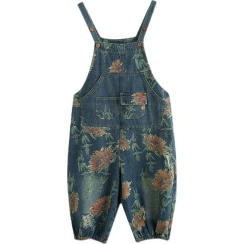 Straps Bib Jeans Women Casual Oversized Baggy Denim Jumpsuit Pockets Print Cargo cowboy Rompers Plus Size Wide Leg Playsuit