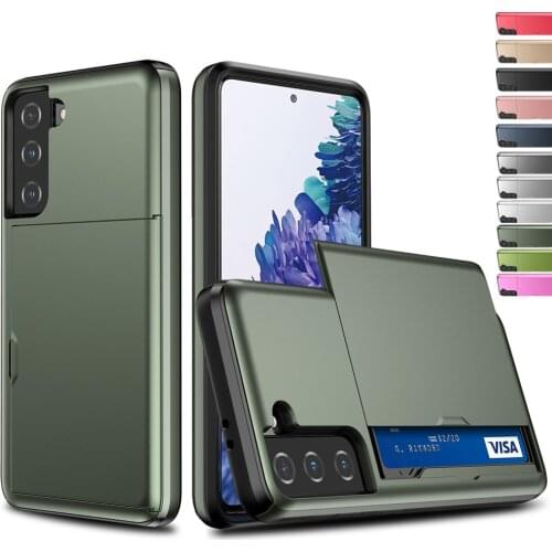 Armor Slide Card Slots Holder Cover Case For Samsung Galaxy S21 Ultra S30 S20 FE S10 5G S9 S8 Plus Note 20 Ultra S 10 E 9 8 Case