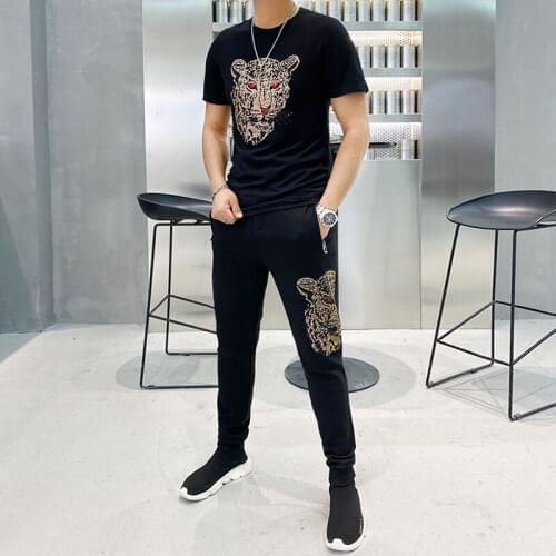 Luxury brand mens high elasticity best selling new hot drilling two-piece mens sports suit