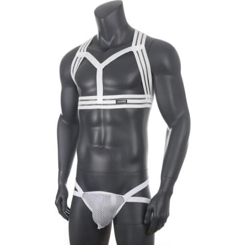 Sexy Nylon Body Chest Harness Thong Jockstrap Set Men Elastic Shoulder harness Strap Stage Costume Clubwear Bondage Clothes