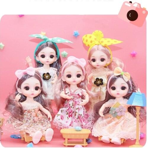 16cm Bjd 1/12 Doll with Clothes Shoes Suit Bow Headband Makeup Cute Princess Dress Baby Fashion Dolls Toys for Girls Gift DIY